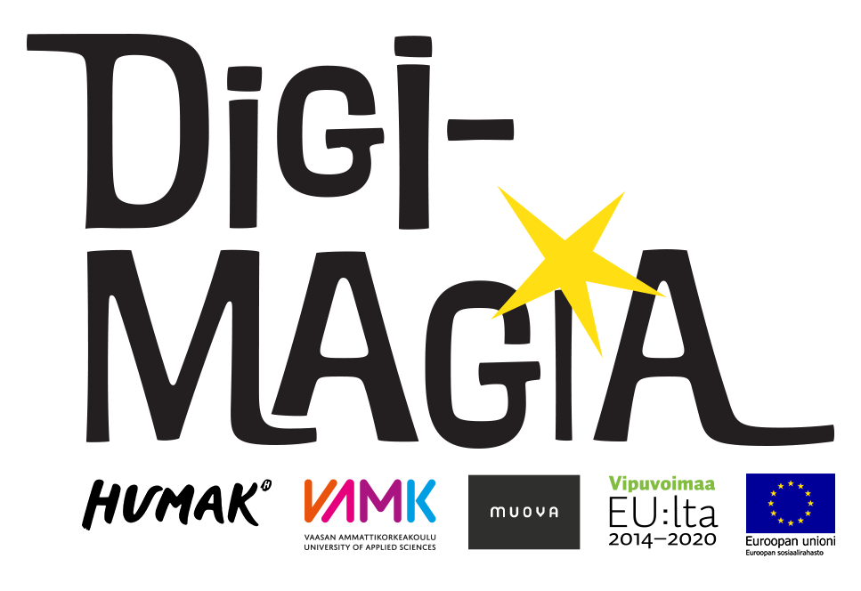 Digimagia-hankkeen nimilogo ja partnerilogot Humak, VAMK, Muova ja EU