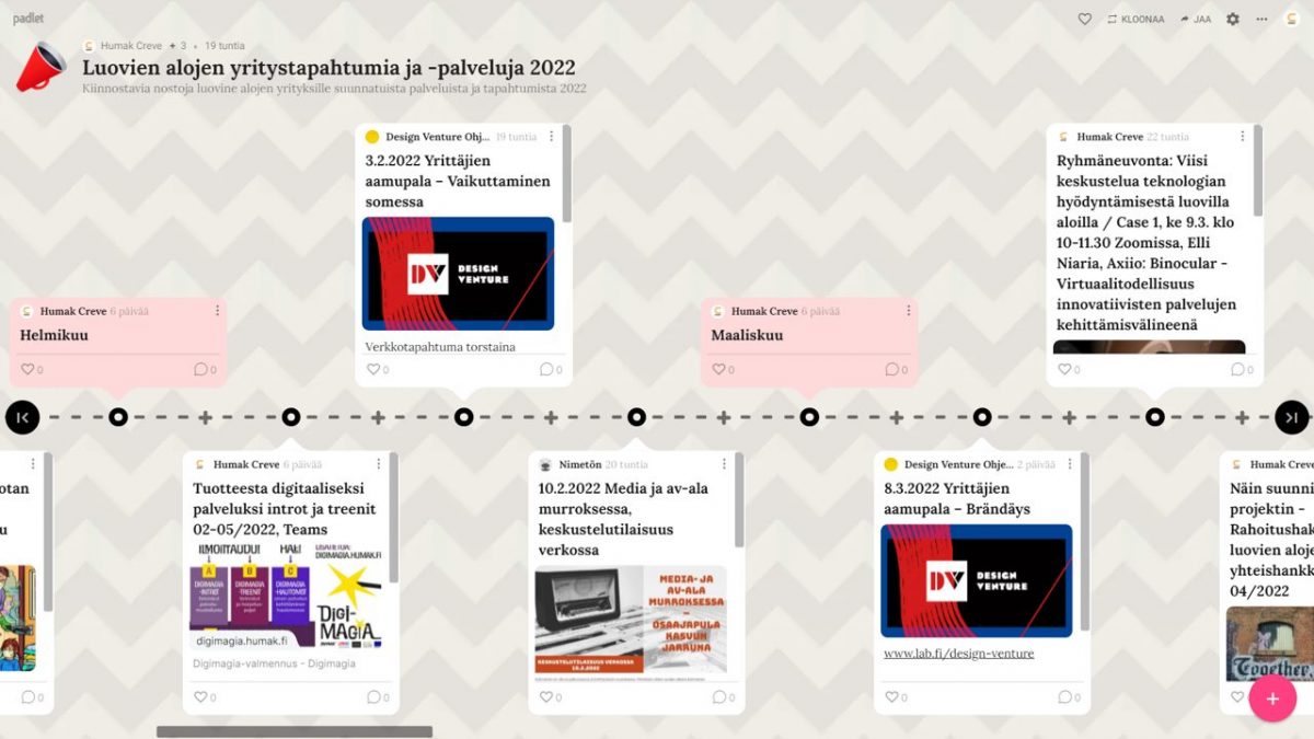 Kuvituskuva. Screenprint luovine alojen tapahtumakartasta 2022, jossa aikajanalle on koottu eri toimijoiden tapahtumia ja palveluja.