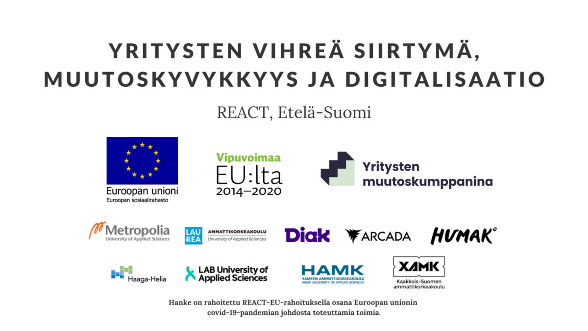 Yritysten vihreä siirtymä, muutoskyvykkyys ja digitalisaatio -React EU -hankkeen partnerilogot ja EU-logot